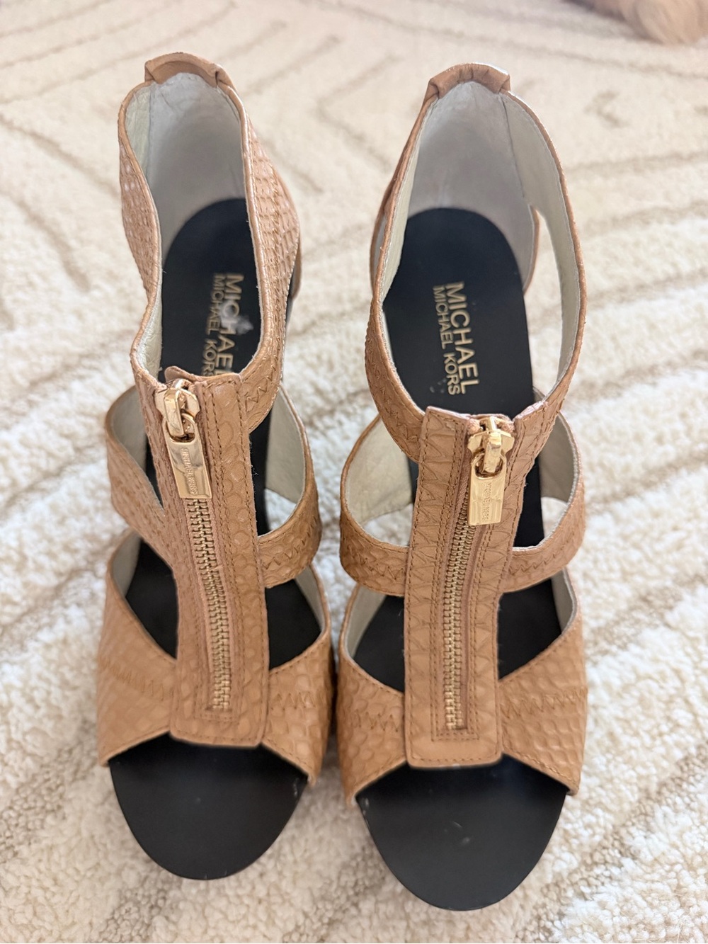 Michael Kors Camel/Tan Textured Zip-Strap Heels
